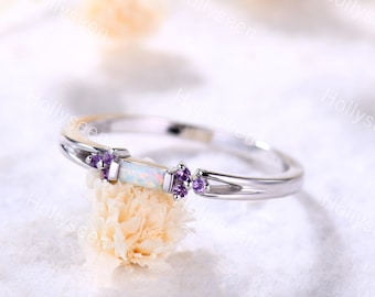 Baguette Cut Fire Opal Wedding Ring Amethyst Ring Rose Gold Opal Engagement Ring Unique Ring Vintage Ring Dainty Ring Sterling Silver Ring