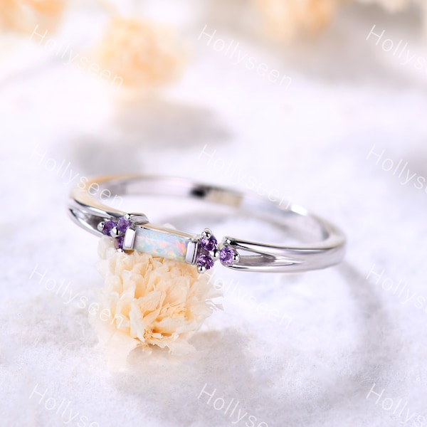 Baguette Schliff Feuer Opal Ehering Amethyst Ring Rose Gold Opal Verlobungsring Einzigartiger Ring Vintage Ring Zierlicher Ring Sterling Silber Ring