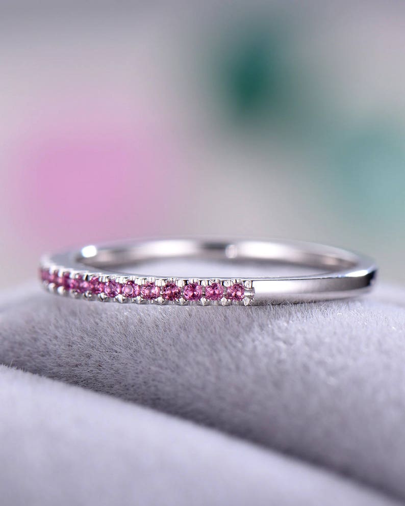 Pink Tourmaline Wedding Band 14k White Gold Half Eternity 925 Sterling Silver Pave Bridal Promise Stacking Matching Ring Anniversary Gift