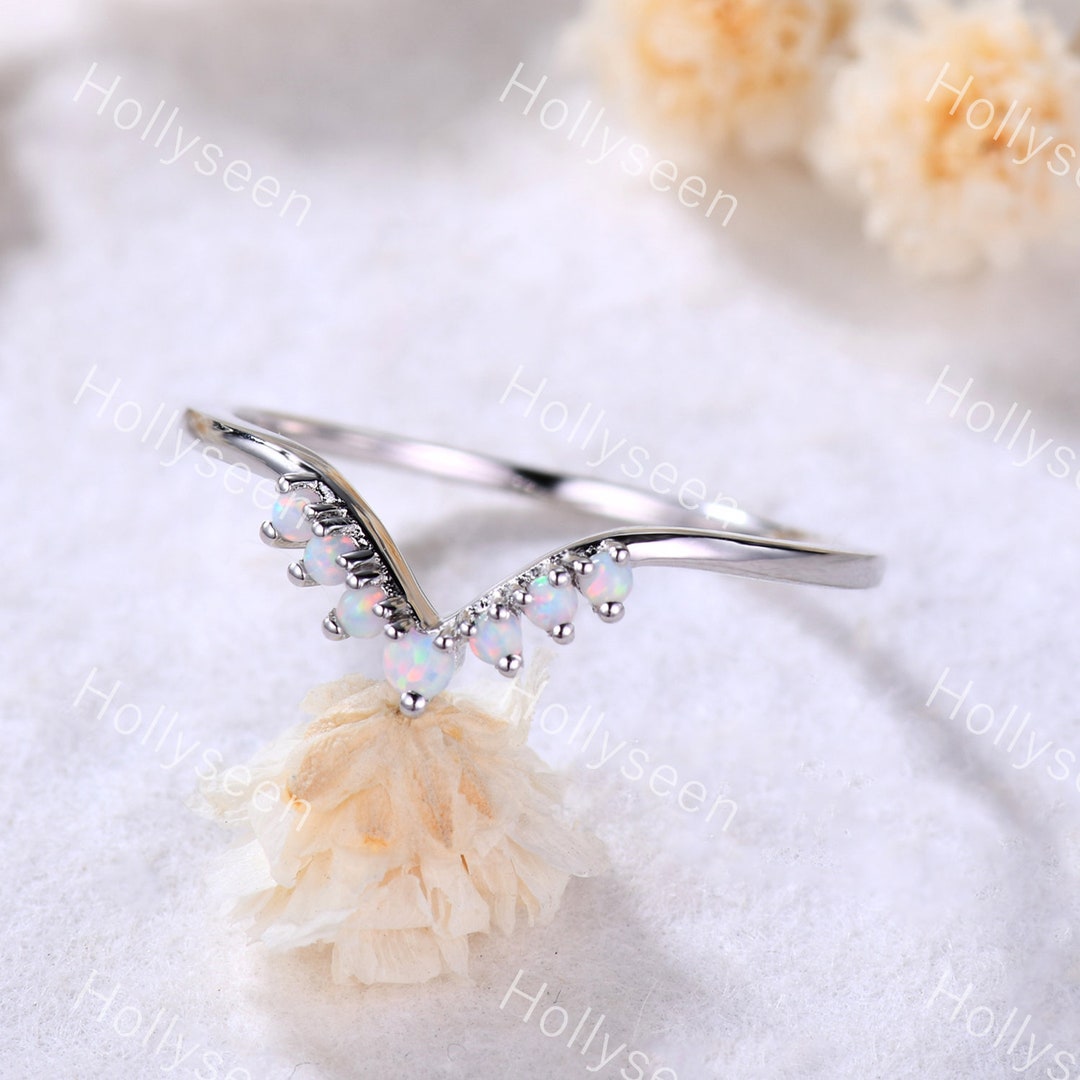 Fire Opal Wedding Band White Gold Opal Curved Wedding Ring Opal ...