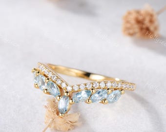 Marquise Aquamarine Curved Wedding Band Silver Yellow Gold March Birthstone Curve Stackable Ring Blue Stones Chevron Stacking Ring