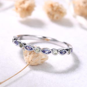 Tanzanite Peridot Wedding Band Sterling Silver Ring Natural Gemstone Ring December Birthstone Stacking Ring Blue Stone Ring Gift for Her