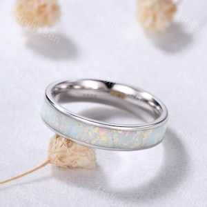 Opal White Gold Engagement Ring Full Eternity White Opal Wedding Band Minimalist Birthstone Stacking Ring Women Matching Ring Bridal Gift