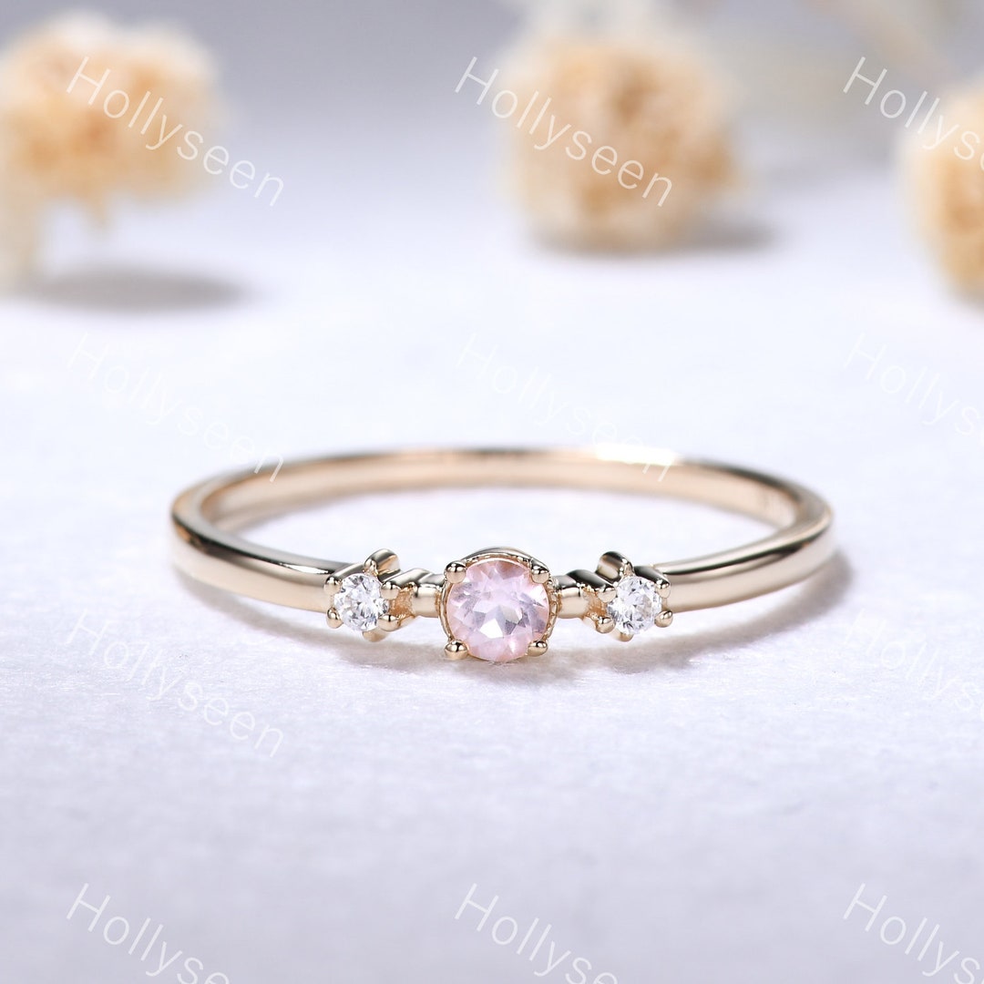 Dainty Small Rose Quartz Engagement Ring Minimalist 3 Stone Moissanite ...