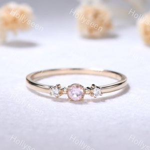 Dainty Small Rose Quartz Engagement Ring Minimalist 3 Stone Moissanite Ring Pink Stone Stacking Ring Anniversary Promise Ring for Women