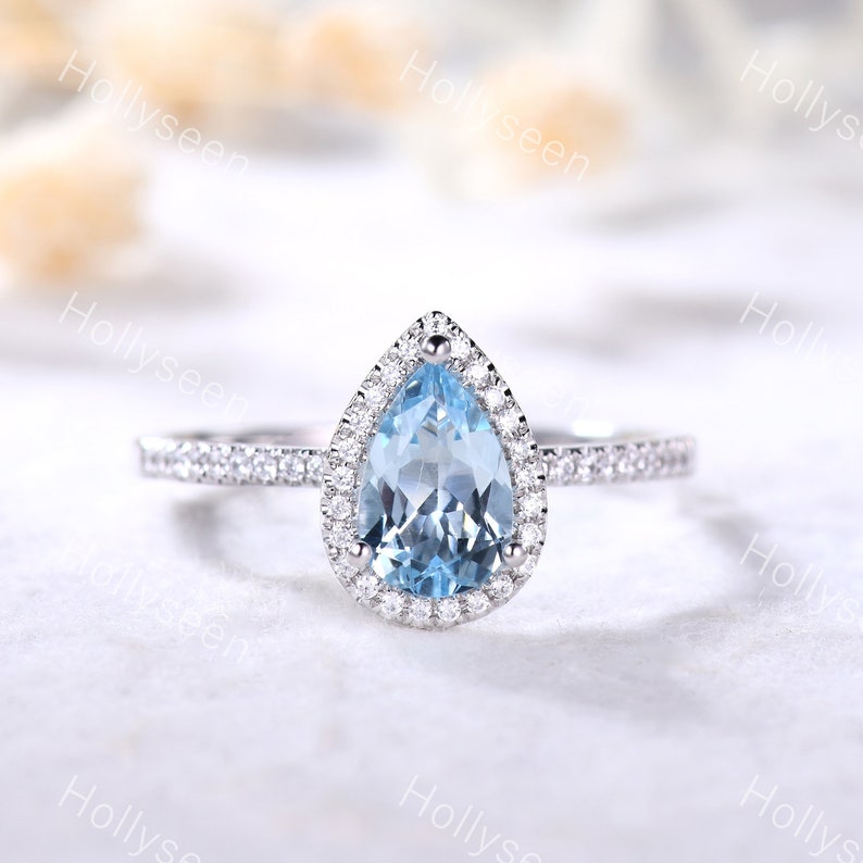 Pear cut Aquamarine Engagement Ring CZ Diamond Halo Sterling Silver Ring White Gold Half Eternity Wedding Ring Anniversary Gift Women Ring image 1