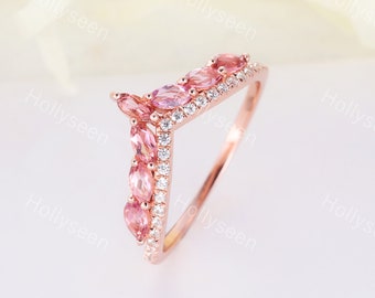 Natural Pink Tourmaline Rose Gold Wedding Band Tourmaline Curved Stacking Ring Pink Stones Stackable Ring October Birthstone Matching Ring