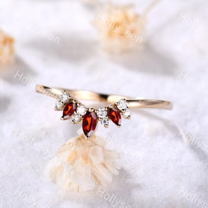Marquise Garnet Curved Wedding Ring Band Rose Gold Moissanite Stacking Ring Red Stone Ring Anniversary Ring Promise Ring for Women