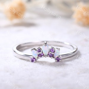 Curved Opal Wedding Band White Gold Amethyst Stackable Ring Vintage Opal Stacking Ring Sterling Silver Dainty Stacking Ring Art Deco Ring
