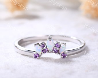 Curved Opal Wedding Band White Gold Amethyst Stackable Ring Vintage Opal Stacking Ring Sterling Silver Dainty Stacking Ring Art Deco Ring