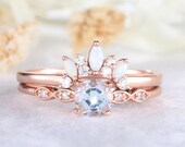 Aquamarine Opal CZ Diamond Silver 14k Rose Gold Bridal Ring Set Art Deco Stackable Wedding Band Vintage Retro Women Gift Anniversary
