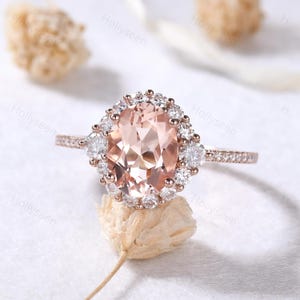 Dainty Oval Cut Morganite Engagement Ring Rose Gold Natural Morganite Ring Halo Ring Peach Pink Morganite Ring Pink Gemstone Ring for Women