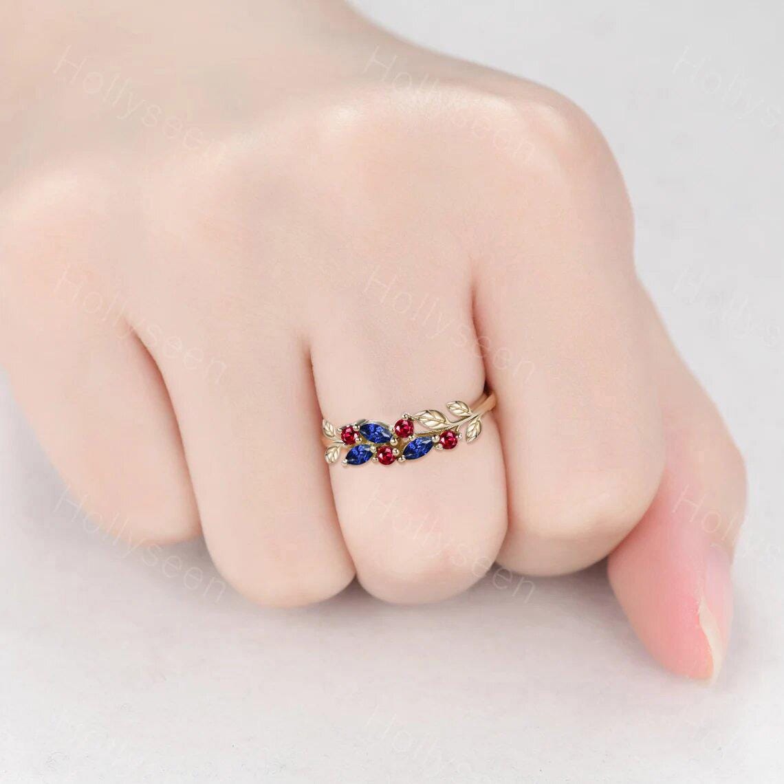 Marquise Sapphire Ruby Leaf Wedding Band Unique Nature Inspired Ring ...