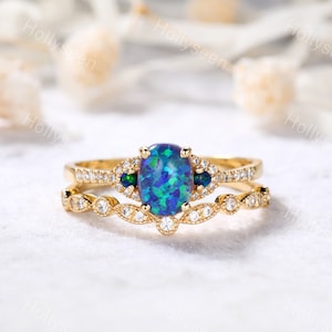 Blue Opal Engagement Ring Set Sterling Silver Blue Opal Wedding Ring Set Curved Wedding Band Opal Bridal Set Stackable Ring Promise Ring