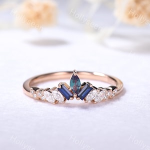 Marquise Alexandrite Moissanite Wedding Ring Band Unique Baguette Blue Sapphire Stackable Ring Vintage Leaf Stacking Ring Women Promise Ring