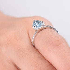 Pear cut Aquamarine Engagement Ring CZ Diamond Halo Sterling Silver Ring White Gold Half Eternity Wedding Ring Anniversary Gift Women Ring image 5
