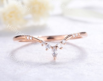 Moissanite Wedding Band Rose Gold Curved Wedding Band Stackable Ring Eternity Band Matching Ring Dainty Wedding Band Marquise Ring Band