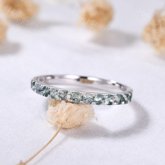 2mm Moss Agate White Gold Wedding Band Ring Silver Half Eternity Green  Stone Stacking Ring Simple Stackable Ring Women Statement Gift Ring