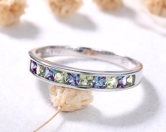 Princess Cut Alexandrite Peridot Wedding Band White Gold June Birthstone Stacking Ring Sterling Silver Ring Anniversary Ring Statement Ring