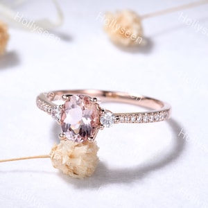 Oval Morganite 3 Stone Engagement Ring 14k Rose Gold Natural Pink Morganite Diamond Ring Vintage Wedding Bridal Ring Women Promise Ring