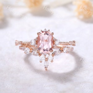 Cushion Cut Morganite Engagement Ring Set Rose Gold Pink Morganite Wedding Ring Set Moissanite Curved Wedding Band Women Bridal Set Silver