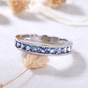 Princess Cut Alexandrite Wedding Band Silver White Gold Alexandrite Ring June Birthstone Ring Color Change Ring Bridal Stacking Ring Women