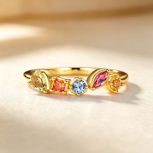 Elegant regnbågsring med flera stenar, silver, gult guld, flerfärgade ädelstenar, personlig familje-födelsestensring, minimalistisk ring med 5 stenar