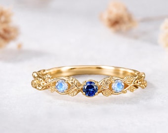 Dainty Blue Sapphire Moonstone Leaf Wedding Band Solid 14k Yellow Gold 3 Blue Gemstones Twig Stackable Ring Personalized Birthstone Ring