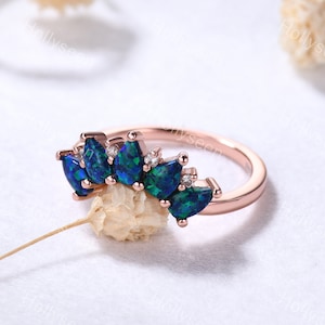 Pear Shaped Blue Opal Curved Wedding Ring Band 14k Rose Gold Vintage Fire Opal Moissanite Engagement Stacking Ring Antique Matching Band