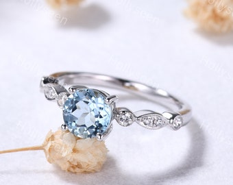 1ct Round Cut Aquamarine Engagement Ring 14k White Gold Solitaire Blue Aquamarine Diamond Ring March Birthstone Promise Ring Gift for Women