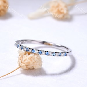 Moissanite Diamond Blue Topaz Wedding Ring Band Silver White Gold Half Eternity Thin Stackable Ring Dainty Birthstone Promise Ring for Women