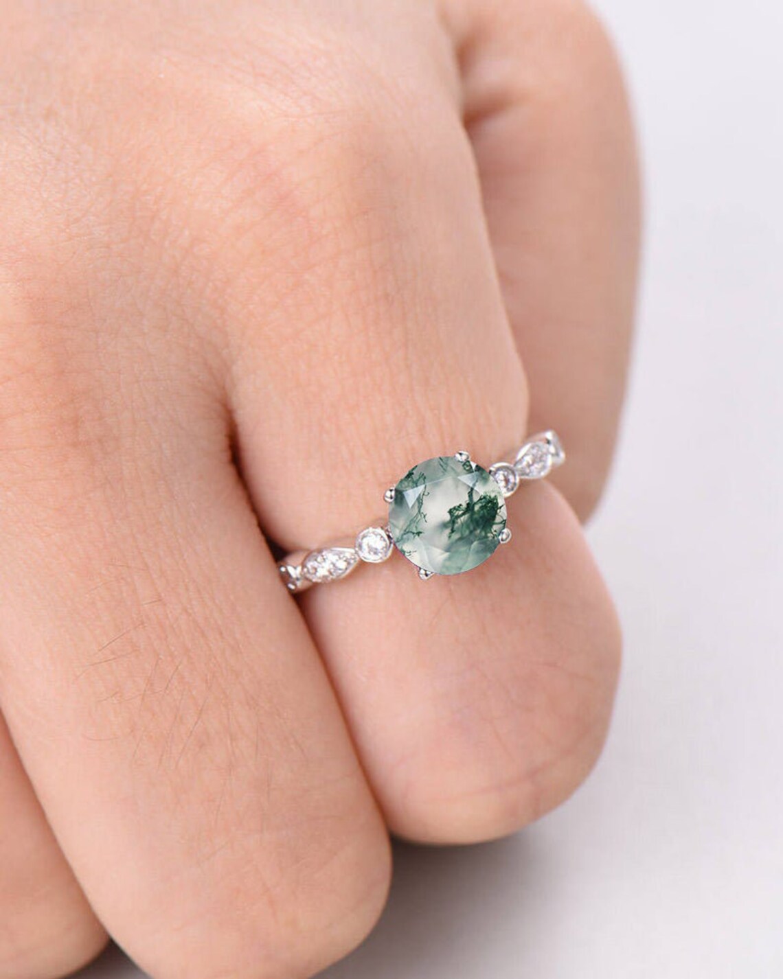 Natural Moss Agate Wedding Ring 925 Sterling Silver 14k White Etsy