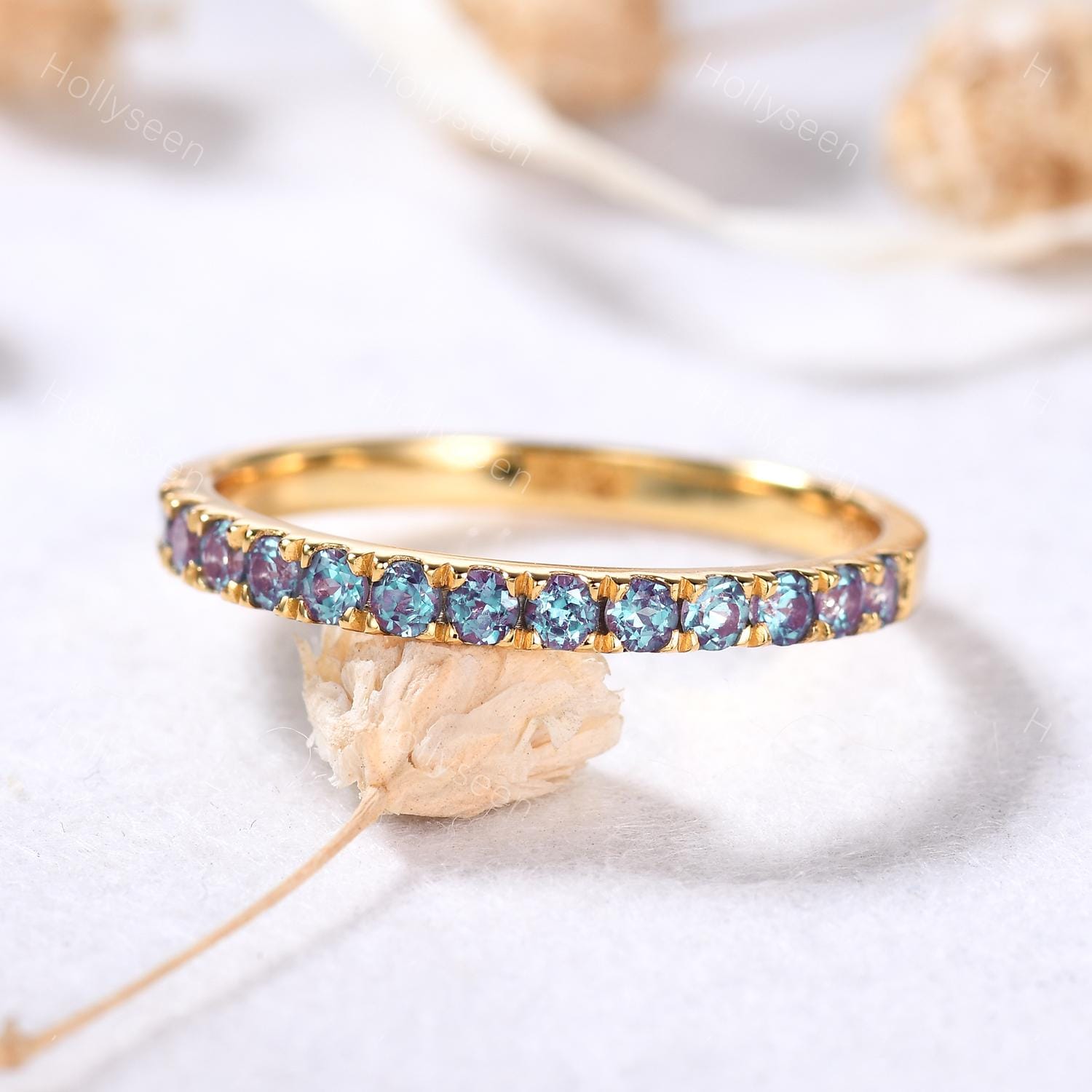 2mm Alexandrite Yellow Gold Wedding Band Half Eternity Color Change Gemstone Stacking Ring June Birthstone Stack Ring Bridal Stackable Ring