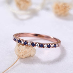 Blue Sandstone Moissanite Rose Gold Wedding Band Half Eternity Galaxy Engagement Stacking Ring 1.5mm Dainty Gemstone Matching Band for Women