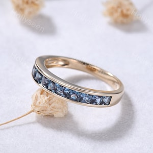 Princess Cut Alexandrite Wedding Band Yellow Gold June Birthstone Stacking Ring Sterling Silver Ring Women Anniversary Ring Statement Ring