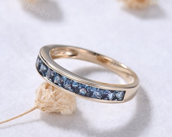 Princess Cut Alexandrite Wedding Band Yellow Gold June Birthstone Stacking Ring Sterling Silver Ring Women Anniversary Ring Statement Ring