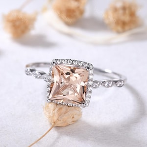Princess Cut Morganite Engagement Ring Silver White Gold Pink Morganite Ring Natural Morganite Ring Pink Stone Ring Promise Ring for Women
