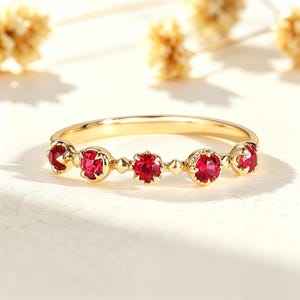 Minimalist Ruby 5 Stones Wedding Band 14k Yellow Gold Simple Ruby Stack Ring July Birthstone Stacking Ring Personalized Gemstone Ring
