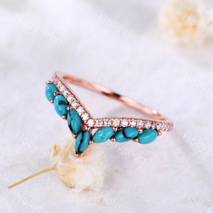 Anillo de bodas de turquesa, alianza de bodas de moissanita, alianza de bodas de oro rosa, anillo vintage, alianza de bodas curva, anillo delicado, anillo de promesa