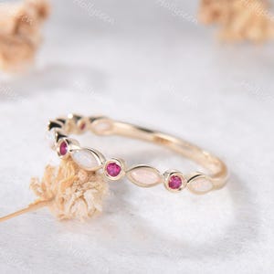 Marquise Opal Ruby Wedding Band Solid 14k Gold Personalized Half Eternity July October Birthstone Stackable Ring Bezel Stacking Ring for Her