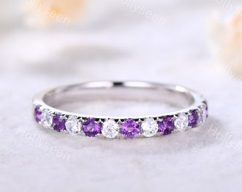White Gold Moissanite Wedding Band Sterling Silver Amethyst Ring Half Eternity Band Dainty Promise Ring Vintage Anniversary Ring for Women