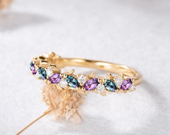 Marquise Alexandrite Amethyst Leaf Wedding Band Nature Inspired Purple Gemstones Vine Twig Stack Ring Branch Eternity Stackable Ring for Her