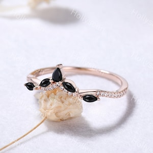 Vintage Black Onyx Curved Wedding Ring Band Rose Gold Moissanite Engagement Ring Marquise Black Stone Bridal Stackable Ring Sterling Silver