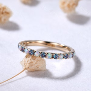 2mm Opal Alexandrite Yellow Gold Ring Band Sterling Silver Full Eternity Stackable Bridal Ring Stacking Ring Gemstone Wedding Matching Band