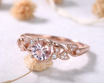 Vintage Round Cut Morganite Engagement Ring 14k Rose Gold Natural Pink Morganite Ring Dainty Pink Gemstone Ring Art Deco Ring for Women