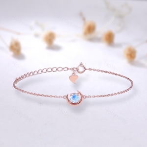 Moonstone Crescent Moon Bracelet 14k Rose Gold Dainty Bracelet Women Unique Bracelet Minimalist Gift for Her Bridal Valentine Anniversary