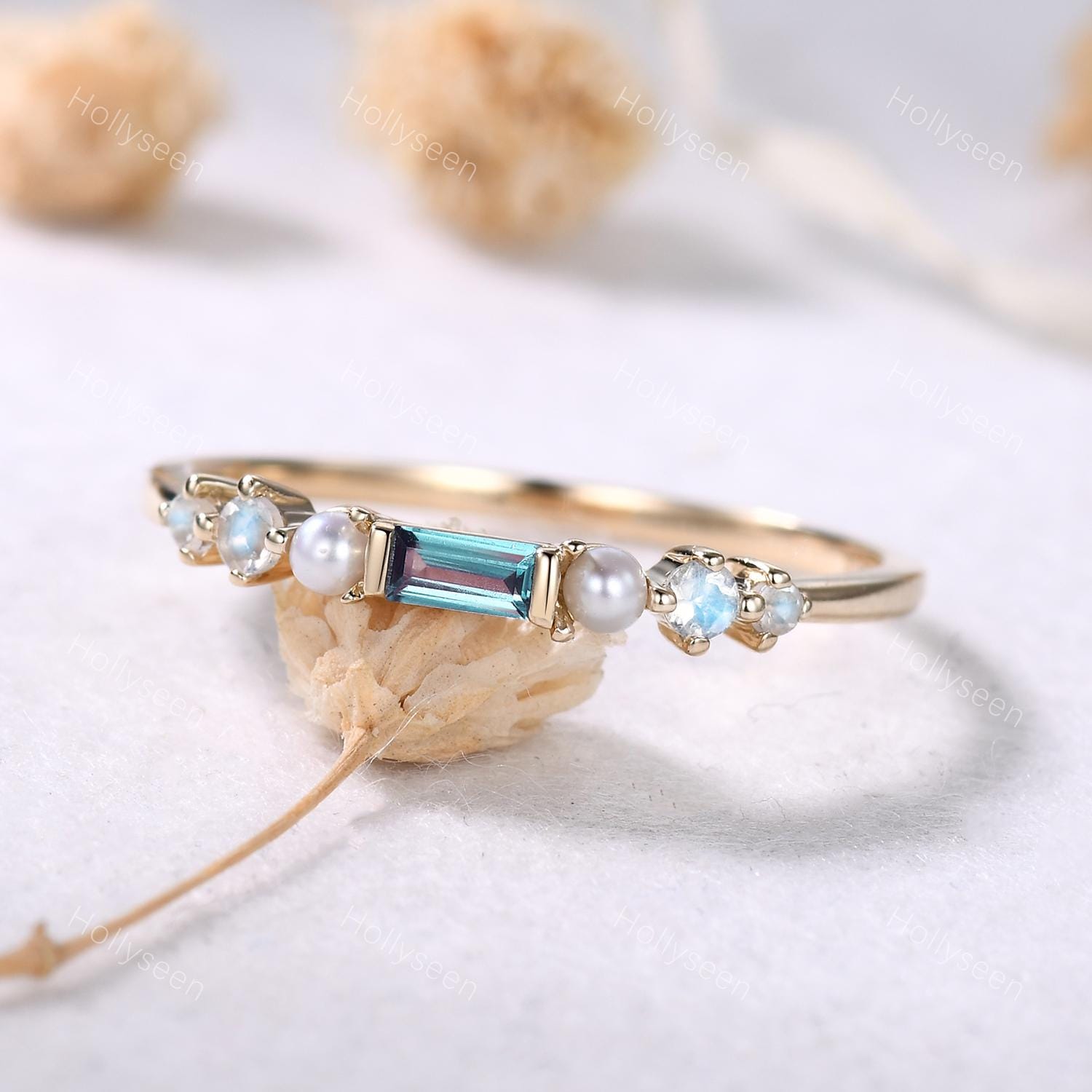 Dainty Baguette Cut Alexandrite Pearl Moonstone Ring Yellow Gold Ring June Birthstone Ring Delicate Gemstone Ring Anniversary Gift for Her