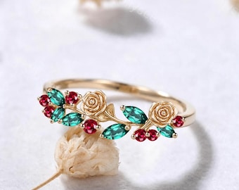 Rose Floral Marquise Emerald Ruby Wedding Band Solid 14k Gold Nature Inspired Green Red Gemstones Flower Leaf Botanical Ring Gift for Her