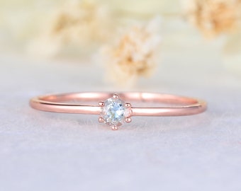 Dainty Small Round cut Aquamarine Rose Gold Engagement Ring Solitaire Women Wedding Ring Minimalist Plain Band Sterling Silver 14k Ring