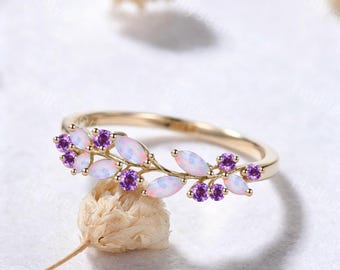Marquise Opal Amethyst Twig Vine Ring Solid Gold Nature Inspired February October Birthstone Branch Ring Cluster Purple Gemstones Ring